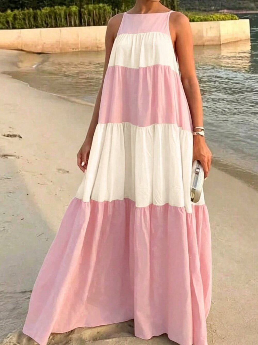 Pink Casual Women's Contrast Color Block Maxi Dress